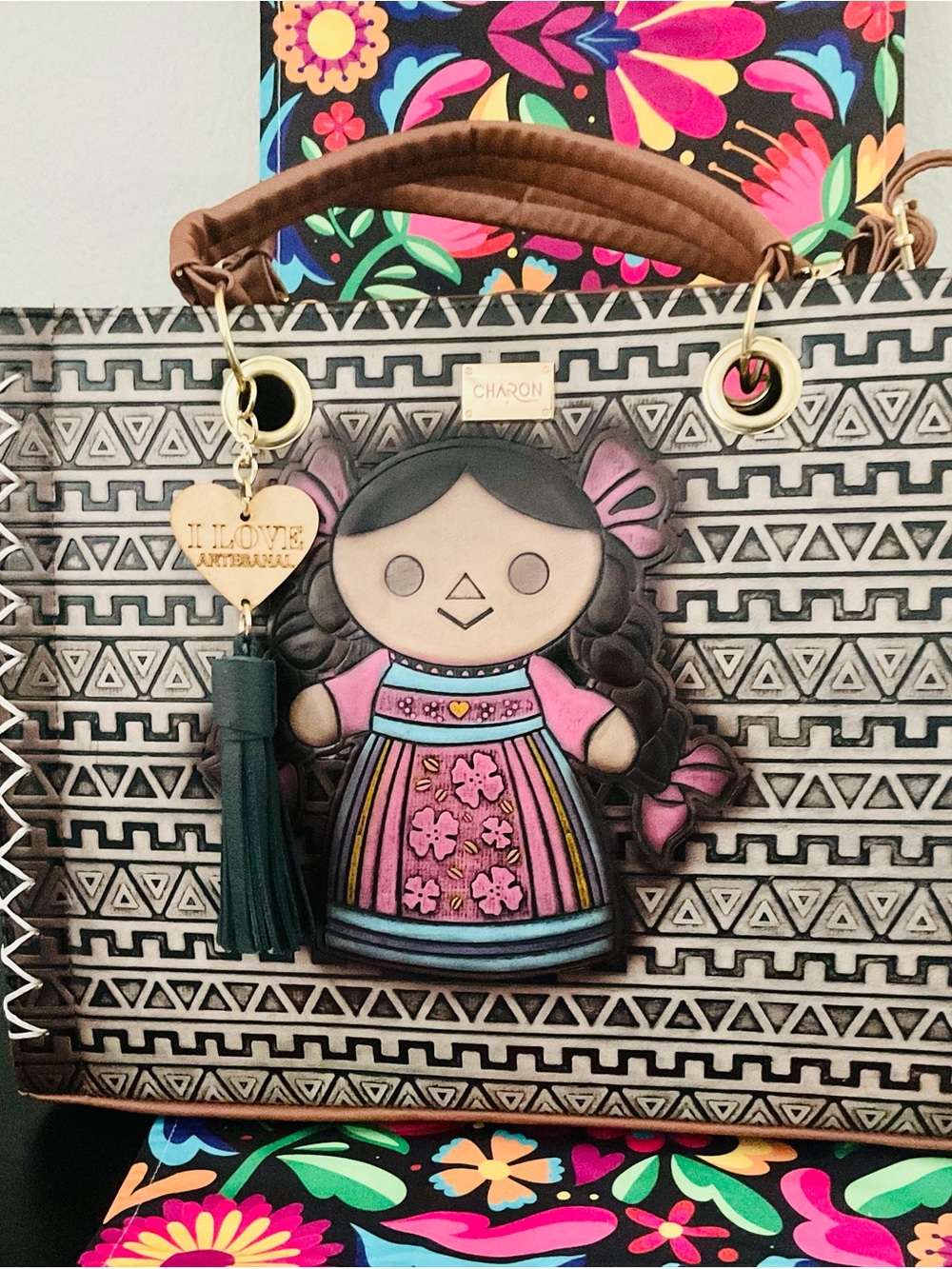 Black & Pink Patterned Shoulder Bag with Doll Charm